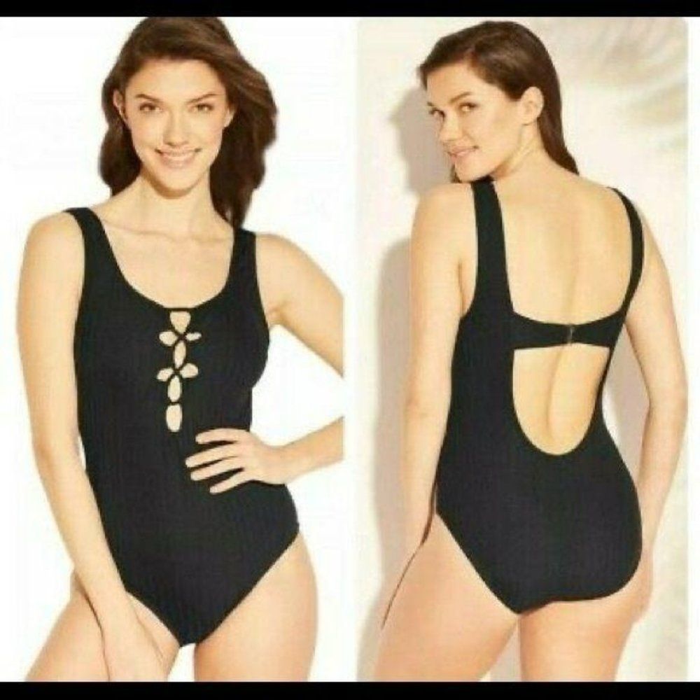 Kona Sol Women's Black Laced Up One Piece Bathing Suit Swimwear Size Large‎